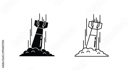 Two depictions of a missile shown as a bold stark silhouette