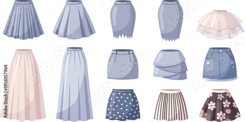 Women Skirt Fashion Collection Vector Illustration Set Featuring Pleated, Denim, Floral, Midi, Mini and Elegant Casual Skirts Clothing Design