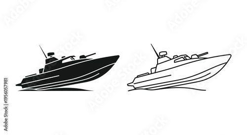 Two depictions of a speedboat one solid black and one outline silhouette