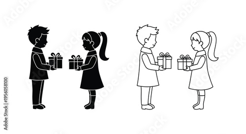 Children exchanging gifts a heartwarming scene depicted in black and white silhouette