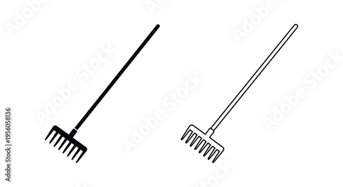 Two garden rakes depicted in a minimalist black and white style silhouette