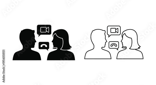 Two people video conferencing a modern communication method black and white silhouette