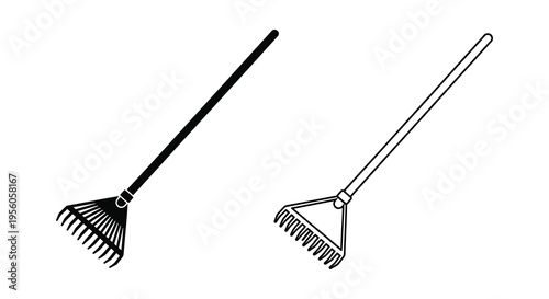 Two garden rakes depicted in a minimalist black outline silhouette