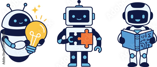 Set of three cute artificial intelligence robots holding lightbulb puzzle piece and book