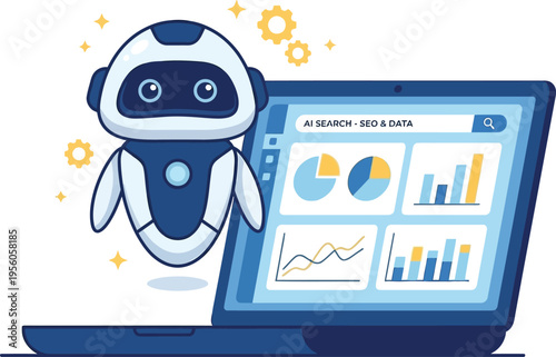 Artificial intelligence robot hovering over laptop with data analytics dashboard vector
