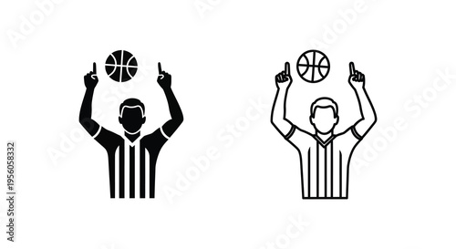 Two basketball referees signaling fouls with raised hands black and white silhouette