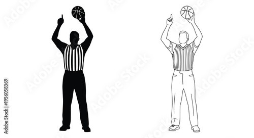Two basketball referees in striped shirts raising fingers black outline silhouette