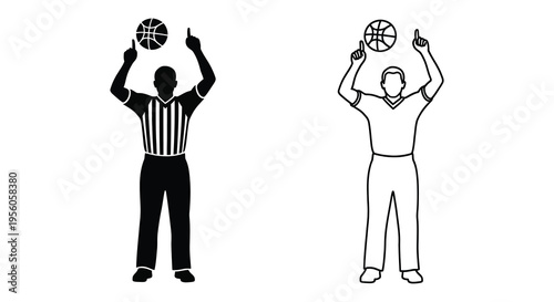 Two basketball referees signaling fouls in a striking black silhouette
