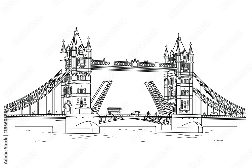 Obraz premium London Tower Bridge in Art: An illustration captures the iconic Tower Bridge of London, depicting its grandeur with precision and artistry. A symbol of engineering marvel.