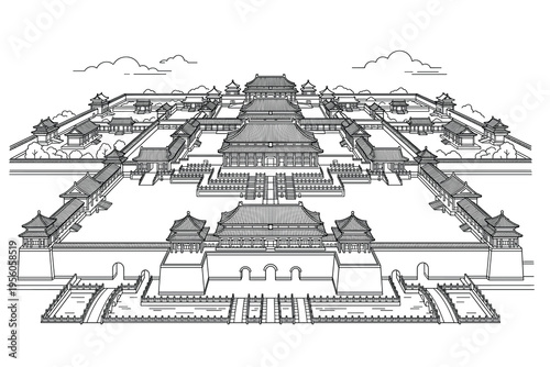 Architectural Majesty: An eye-level illustration showcases a majestic palace complex, a testament to artistic skill and historical heritage. The intricate details of the design.
