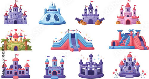 Amusement Park Castle and Fun Ride Collection Vector Illustration Set Featuring Slides, Play Structures, Fantasy Buildings and Kids Entertainment Attractions Design