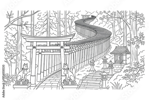 Serene Pathway to a Sacred Sanctuary: An illustration of a winding pathway lined with traditional torii gates, leading to a serene sanctuary nestled amidst a lush forest.