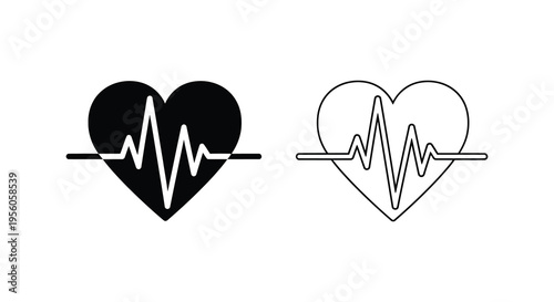 Two heart icons with electrocardiogram lines one filled and one outline silhouette