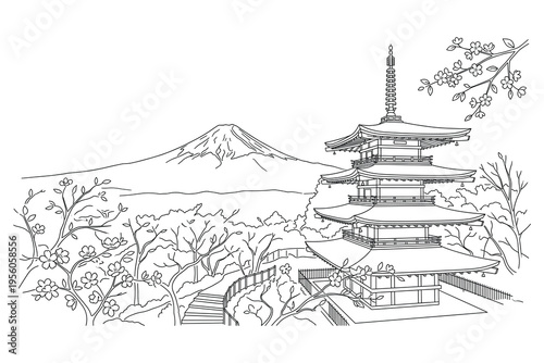 Japanese Temple Landscape: A serene landscape, showcasing a traditional Japanese pagoda gracefully positioned against the backdrop of a majestic mountain and blooming cherry blossom branches.