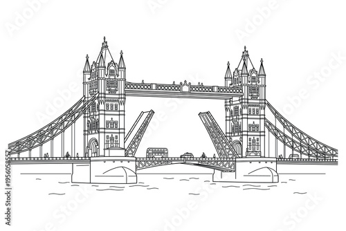 London Tower Bridge in Art: An illustration captures the iconic Tower Bridge of London, depicting its grandeur with precision and artistry. A symbol of engineering marvel.