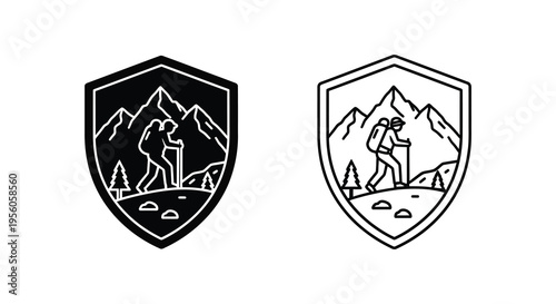 Two shield shaped emblems depicting hikers in mountainous terrain a black silhouette