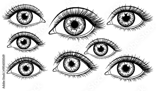 Detailed human eye line art vector set with iris texture and eyelashes