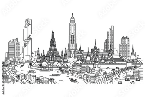 Bangkok Cityscape: A detailed line drawing showcases the iconic skyline of Bangkok, Thailand, featuring intricate architectural details and the Chao Phraya River.