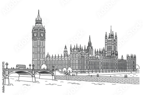 Iconic Westminster Sketch: A detailed line drawing captures the majestic essence of the Palace of Westminster, home to the British Parliament.