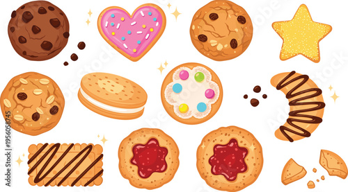 Assorted Cookies and Biscuits Vector Illustration Set Featuring Chocolate Chip, Jam Filled, Heart Shaped, Star Cookies, Sweet Bakery Snack Collection
