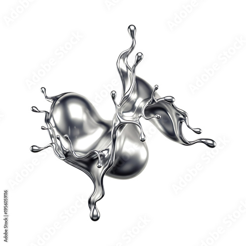 A dynamic splash of molten liquid silver forming complex shapes with smooth reflective surfaces