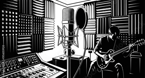 Musician Recording Guitar in Studio with Microphone and Soundproofing.