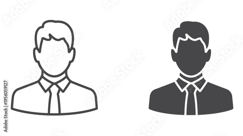Graphic icons featuring a stylized male avatar wearing a formal collared shirt and necktie attire isolated on white background, Vector, illustration