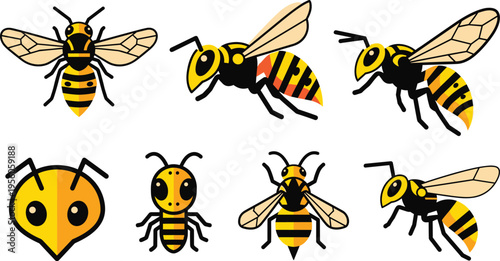 Bee Character Illustration Set with Cute Cartoon Insects, Flying Poses, Honeybee Details, and Expressions for Nature, Wildlife, Kids Design, Mascot, and Educational Projects
