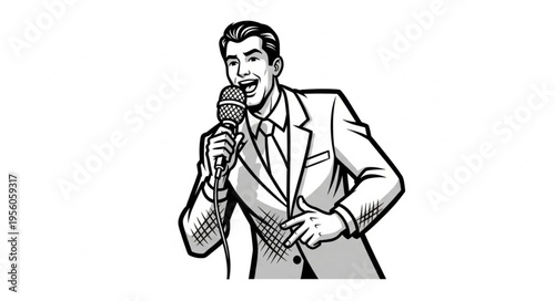 Man in Suit Singing into Microphone with Passionate Expression.