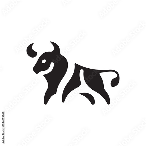Black silhouette of a charging bull with stylized curved horns and legs