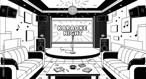 Karaoke Night Stage with Sofas and Music Notes.