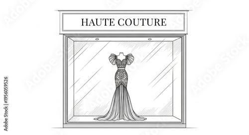 Elegant Haute Couture Gown Displayed in a Window.