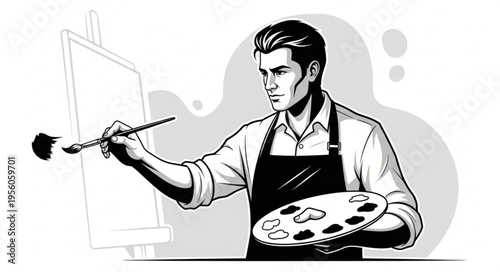 Artist Painting on Canvas with Palette and Brush in Studio.