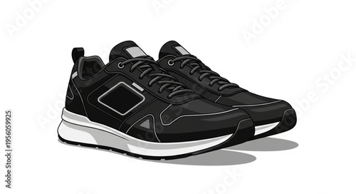 Pair of Black and White Athletic Sneakers on White Background.