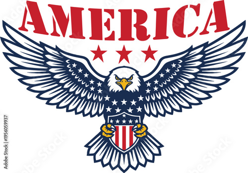 America Eagle Illustration - Bald Eagle with Outstretched Wings and USA Shield