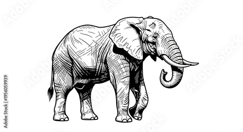 Detailed Line Art Depiction of a Majestic African Elephant.