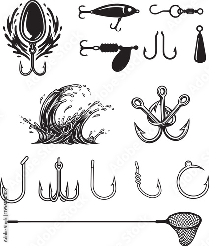 Outdoor Angling Equipment Collection - Fishing Lure, Hooks, and Landing Net Illustration