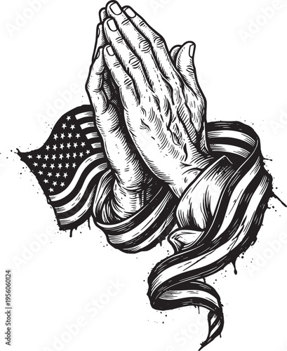 Religious Patriotic Design of Praying Hands with US Flag Ribbon