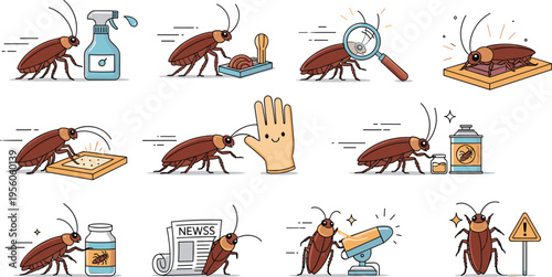 Cockroach Infestation Control Vector Set Showing Pest Inspection, Cleaning, Extermination Methods, Hygiene Practices, and Household Prevention Concepts in Flat Illustration Style