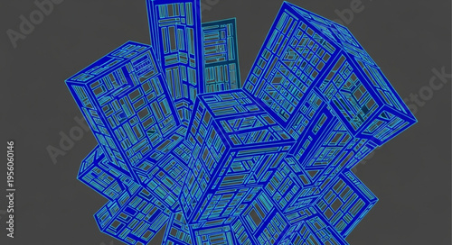 Abstract Blue Geometric Design with Intricate Line Work and Textural Elements.