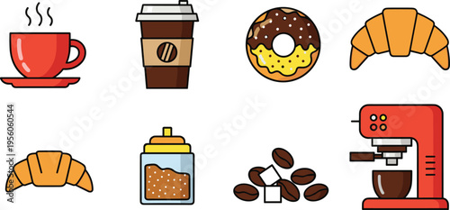 Coffee and Bakery Icon Set with Cup, Espresso Machine, Donut, Croissant, Sugar Jar and Beans for Cafe Menu, Breakfast Design, Food Branding, and Beverage Concepts