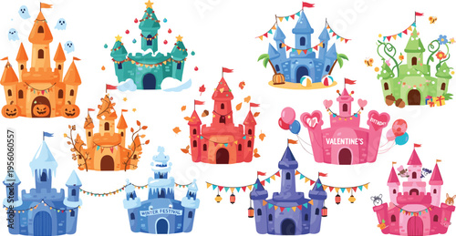 Colorful Fantasy Castle Collection Vector Illustration Set Featuring Cute Fairy Tale Palaces, Valentine Theme, Candy Kingdoms and Magical Cartoon Architecture Designs