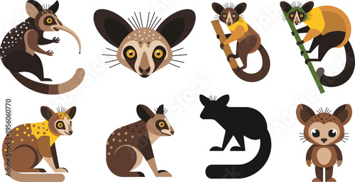 Cute Cartoon Aye Aye Lemur Character Set with Different Poses, Exotic Nocturnal Animal Collection for Wildlife Illustration, Kids Design and Mascot Graphics