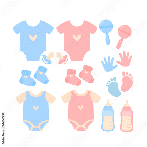 Gender reveal party Design Elements. Baby bottle, pacifier, footprint, clothes, booties, beanbag. 