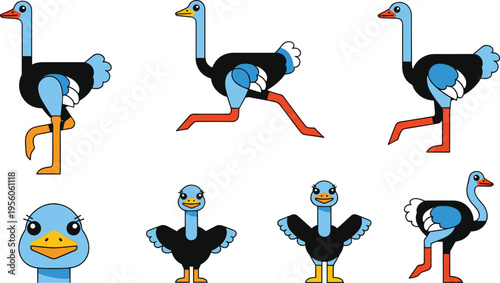 Cute Ostrich Character Illustration Set with Funny Bird Poses, Cartoon Expressions, Walking, Running, and Standing Animations for Kids Design, Mascot, and Animal Vector Collection