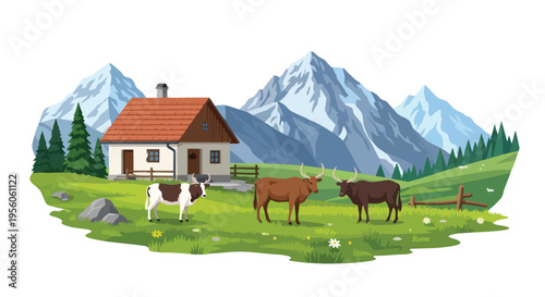 Charming alpine house illustration set against majestic snowy mountains with grazing cattle