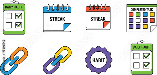 Daily Habit Tracker and Productivity Icon Set Featuring Streak Calendars Completed Task Checklists and Habit Building Chain Symbols for Personal Goal Management Apps