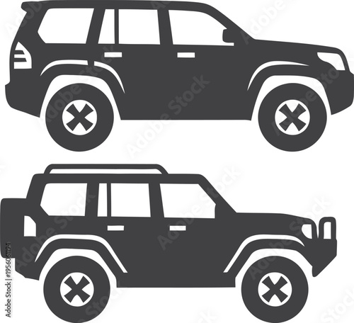Two black suv silhouettes isolated on transparent background