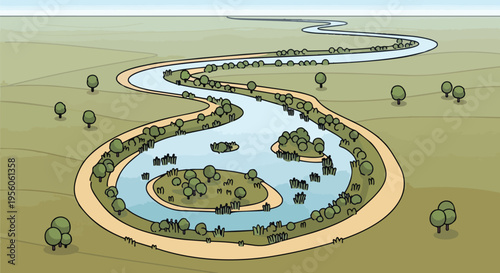 Detailed illustration of a winding river meandering through an expansive green landscape featuring numerous small islands and riparian vegetation