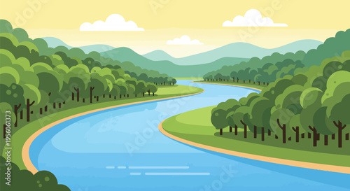 A beautiful winding river gracefully flowing through a serene landscape with dense green forest and distant mountains under a tranquil sky during a